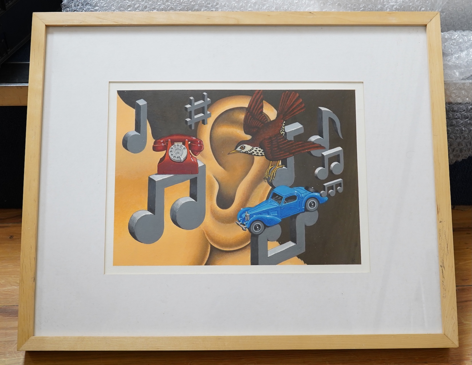 Ken Laidlaw (b.1945), Surreal composition, Musical notes and an ear, monogrammed, oil, 24 x 32cm